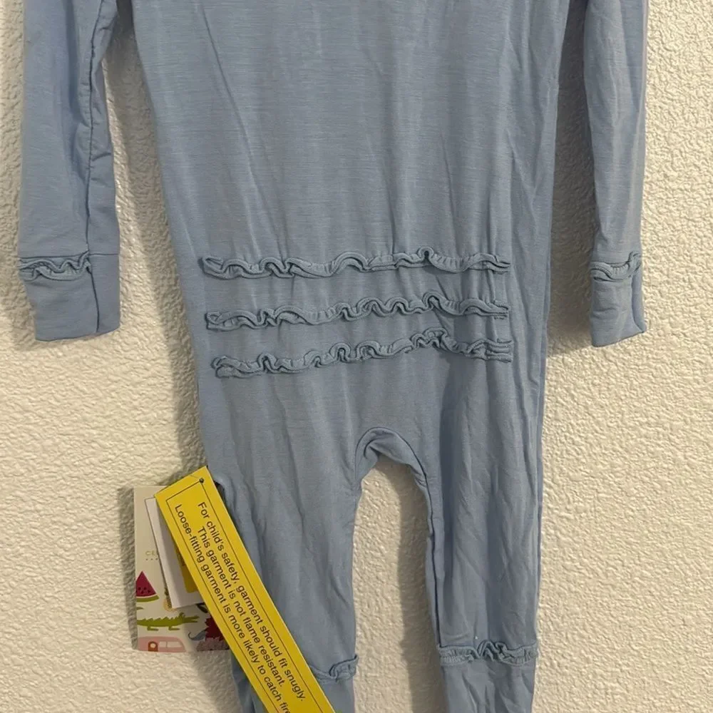 NWT-Kickee Pants-light blue snap footie overall-muffin ruffle -Size 12-18 months